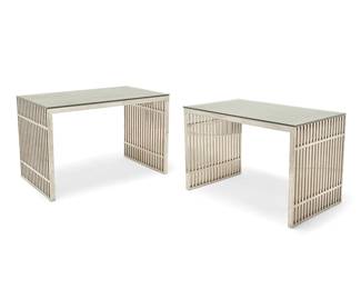 1177
20th century
Two Modern chrome and glass tables
Each chromed metal frame with slatted construction, surmounted by a glass top
2 pieces
Each: 30.5" H x 48.5" W x 28" D
Estimate: $700 - $900