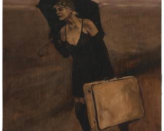 1113
Late 20th Century European School
Women in the rain with a suitcase, 1993
Oil on board
Signed indistinctly and dated lower right: P**** 93
15" H x 12" W
Estimate: $700 - $900
