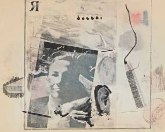 1358
After Robert Rauschenberg
1925-2008
An exhibition poster for "Self Portrait by Robert Rauschenberg For Dwan Gallery," 1965
Offset lithograph in colors on paper
From the edition of unknown size
Appears unsigned
Sight: 21.5" H x 24.5" W
Estimate: $200 - $300