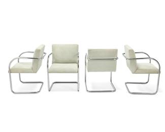 1178
After Ludwig Mies van der Rohe (1886-1969) & Lilly Reich (1885-1947)
Four tubular armchairs in the manner of the "Brno" MR50 chair for Knoll, late 20th century
Designed 1930
Each unmarked
The chairs with grey-green chenille fabric upholstered seats and seatbacks, each set into a cantilevered chromed metal tubular frame
4 pieces
Each: 32" H x 22" W x 24" D
Estimate: $700 - $900