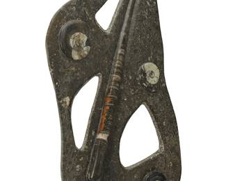 1189
20th/21st century
An orthoceras and ammonite fossil specimen
Comprising one orthoceras and three ammonite cephalopod fossils, each polished in relief within a polished matrix embedded with smaller fossils of conforming genera
27.25" H x 15.5" W x 5" D
Estimate: $200 - $300
