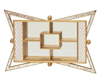 1294
Mid/late 20th century
A Turner Manufacturing Co. atomic-style wall mirror
With "Turner Wall Accessory" sticker verso; stamped: 8651 / 181598
The giltwood and metal mesh frame with antiqued mirror panels surrounding a central mirror panel behind five compartments
32" H x 51" W x 4.25" D
Estimate: $200 - $400