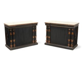 1058
20th century
A pair of Louis XVI-style consoles
The parcel-gilt and ebonized wood consoles, each featuring opposed columnar supports with foliate accents, sides with X-form turned supports, and pleated draperies to front and sides with an open back, surmounted by a marble top
2 pieces
Each: 32.25" H x 40" W x 20" D
Estimate: $400 - $600