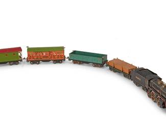 1350
Early/mid-20th century; New York, NY
A Lionel Standard "Bild-a-Loco" locomotive model train set
Each component marked for The Lionel Corporation; engine marked: "Lionel Standard" / Bild-A-Loco
The enameled tinplate and steel train set, comprising a no. 390-E train engine with no. 390-T tender, a no. 511 lumber car, a no. 512 green gondola car, a no. 513 cattle car, a no. 517 caboose, a no. 437 switch signal tower, a no. 77 crossing gate, a no. 69 crossing signal, and a no. 82 semaphore, together with five trains from other makers, a few accessories, and two boxes of tracks, electrified
Signal tower: 8.625" H x 10.25" W x 8.5" D; Engine: 5.375" H x 13.75" W x 3.75" D
Estimate: $500 - $700