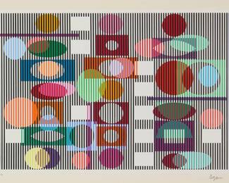 1004
Yaacov Agam
b. 1928
"Double Metamorphosis," 1980
Screenprint in colors on wove paper
Edition: 41/99
Signed and numbered in pencil in the lower margin: Agam
Image: 8.75" H x 12.5" W; Sight: 9.75" H x 13.5" W
Estimate: $300 - $500