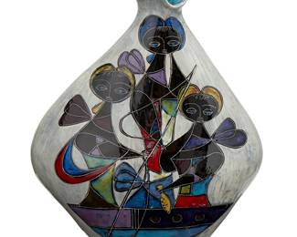 1315
Marcello Fantoni (1915-2011)
A studio pottery vase, mid-20th century
Signed and inscribed to underside: Fantoni / Italy / for gallery des beaux arts
The glazed ceramic vase with stylized rim, depicting three figures fishing from a boat
10" H x 8" W x 3.5" D
Estimate: $400 - $600