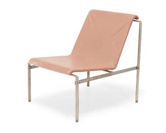 1352
In the manner of Charles Pollock (1930-2013)
A Modern lounge chair, mid-20th century
Unmarked
The chair with brushed steel frame and pink leather upholstered sling seat
27.75" H x 23.5" W x 28.5" D
Estimate: $200 - $400