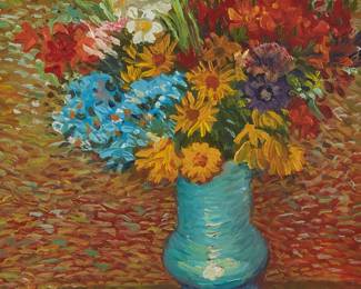 1165
Paul Saltarelli
1955-2019
"Vase with Daisies and Anemones (1887)," after Vincent Van Gogh, 1998
Miniature oil on board
With the artist's signature, title, dates of the miniature and the original work, and inscribed in ink, all on the frame's backing paper: Paul Saltarelli / 1887 / 98 / "after Vincent Van Gogh"
2.625" H x 2" W
Estimate: $200 - $300