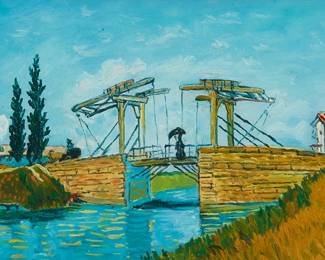 1168
Paul Saltarelli
1955-2019
"The Draw Bridge (1888)," after Vincent Van Gogh, 1998
Miniature oil on board
With the artist's signature, title, dates of the miniature and the original work, and inscribed in ink, all on the frame's backing paper: Paul Saltarelli / 1888 / 1998 / "after Vincent Van Gogh"
1.875" H x 2.5" W
Estimate: $200 - $300
