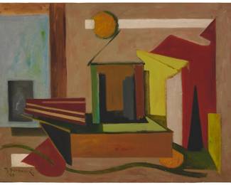 1031
Rene Barbaix
1909-1966
Geometric abstract composition, 1949
Oil on canvas laid to canvas
Signed and dated lower left: R. Barbaix. C. / 49
18" H x 23.75" W
Estimate: $600 - $800