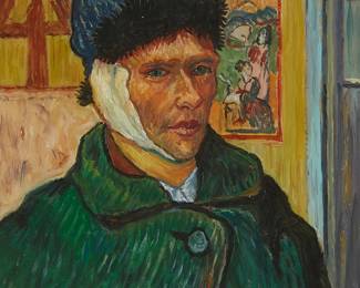 1166
Paul Saltarelli
1955-2019
"Self Portrait with Bandaged Ear (1889)," after Vincent Van Gogh
Miniature oil on board
With the artist's signature, title, date of the miniature, and partially inscribed in ink, all on the frame's backing paper: Paul Saltarelli / 1889 / "Vincent Van"
3" H x 2.25" W
Estimate: $400 - $600