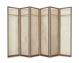 1179
Late 20th century
A Contemporary six-panel floor screen
Each panel with gilt metal mesh wire set in a steel frame reinforced with brass medial supports, including ten gilt-metal mounting brackets, by repute for Donna Karan New York at Neiman Marcus in Beverly Hills
Each panel: 92" H x 26" W x 1.25" D; Stored: 9.25" D
Estimate: $700 - $900