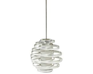 1288
Max Sauze (b. 1933)
A "Cyclone" pendant light for Sciolari, 1970s
Unmarked
The single-light ceiling-mounted lamp with layered chromed metal circles around an acrylic shade and a powder-coated escutcheon, electrified
Shade: 17.5" H x 17.5" Dia.; Overall: 75" H
Estimate: $400 - $600