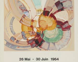 1370
After František Kupka
1871-1957
An exhibition poster for "Kupka: Pastels et Gouaches, Galerie Karl Flinker, Paris, 26 Mai-30 Juin, 1964"
Offset lithograph on poster paper
From the edition of unknown size
Appears unsigned; Mourlot, Paris, Imp.
Sight: 25.5" H x 18.5" W
Estimate: $200 - $300