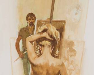 1102
Robert Bonfils
1886-1972
"The Lustful Ones," circa 1973
Gouache on artist's board
Signed lower right: R Bonfils; titled in the lower right corner of the artist's board, possibly in another hand
Image: 14" H x 6.5" W (approx.); Artist's board: 20" H x 15" W
Estimate: $600 - $800