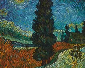 1167
Paul Saltarelli
1955-2019
"Road with Cypress and Star (1890)," after Vincent Van Gogh, 1998
Miniature oil on board
With the artist's signature, title, dates of the miniature and the original work, and inscribed in ink, all on the frame's backing paper: Paul Saltarelli / 1890 / 1998 / "After Vincent Van Gogh"
3.25" H x 2.5" W
Estimate: $400 - $600