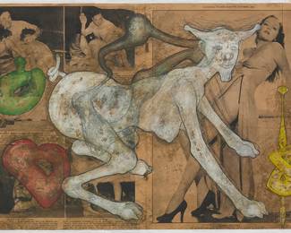 1213
James Barsness
b. 1954
"Female Sphinx Dog," 1996
Mixed media collage, acrylic, and ink on paper
Appears unsigned; titled and dated on a gallery label affixed to the frame's backing board
Sight: 13.75" H x 20.25" W
Estimate: $600 - $800