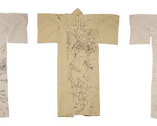 1282
Alec Monopoly
b. 1986
Three kimonos from the film "The Girl from Nagasaki," 2013
Acrylic on linen and cotton
Two signed: Alec; each numbered to interior collar lower edge: K118, K119, K144
66.5"-67.5" H x 52.5"-52" W approximately
Estimate: $500 - $700
