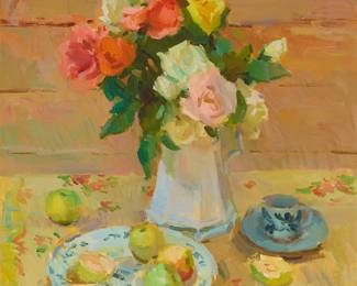 1034
Sergei Bongart
1918-1985
"Roses for Patricia," 1976
Oil on canvas
Signed and dated in the upper right corner: Sergei Bongart 1976; titled on a label affixed to the frame's verso; numbered in ink on the frame's verso, possibly in another hand: #38
32.5" H x 30" W
Estimate: $700 - $900