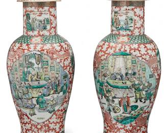 1149
20th century
A pair of Chinese Famille Verte porcelain covered vases
The lidded baluster-form vases, each depicting courtly figures and dragons
2 pieces
Each: 25.5" H x 9.75" Dia.
Estimate: $600 - $800