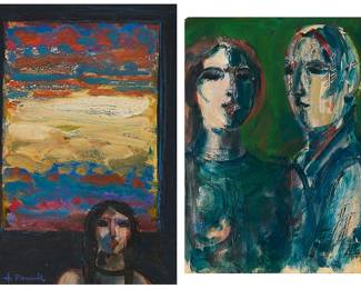 1108
Harold Frank (1917-1995)
Two works:
Girl near a window
Oil and tempera on board
Signed lower left: H. Frank
Board: 14.375" H x 11.5"
Portrait of a couple
Oil and tempera on paper
Signed lower right: H. Frank
Paper: 14" H x 10.5" W
Estimate: $300 - $500