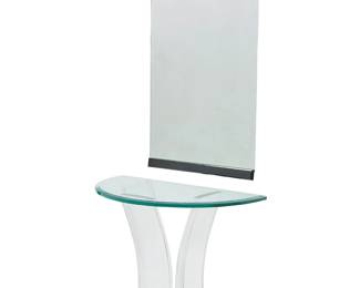 1158
Late 20th century
An Art Deco Revival Lucite and glass console table and mirror
The table with demilune beveled glass top supported on three curvilinear acrylic legs joined on a black acrylic base, together with a mirror with beveled edges and a conforming acrylic lower bracket
2 pieces
Table overall: 30" H x 36.25" W x 18.25" D; Mirror: 46.75" H x 24" W x 1.25" D
Estimate: $300 - $500