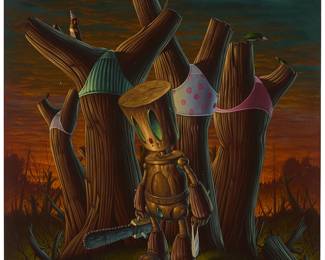 1314
Nathan Ota
20th century
"Panty Trees," 2009
Acrylic on panel
Initialed and dated lower right: No.09; signed and dated again, and titled verso: Nathan Ota 09; titled on two labels affixed verso
15.75" H x 11.75" W
Estimate: $400 - $600