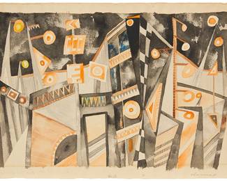 1026
20th Century American Modernist School
"Journey - Entrance to the Tunnel I"
Watercolor on paper
Signed indistinctly and titled in pencil in the lower margin; titled again in ink, verso
Image: 13.5" H x 21" W; Sheet: 15.5" H x 22.5" W (irreg.)
Estimate: $500 - $700