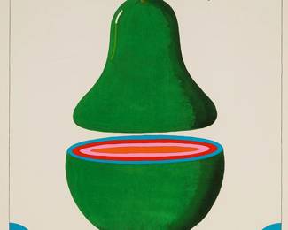 1075
Milton Glaser
1929-2020
"Floating Pear," 1977
Screenprint in colors on paper
Unsigned; with the artist's name printed at the center of the lower edge: © Milton Glaser
Image: 58.5" H x 40" W; Sight: 61.25" H x 42.75" W
Estimate: $400 - $600