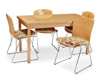 1340
Early 21st century
A Contemporary dining table and four Leland Furniture chairs
Each chair with applied sticker: Leland International / Ann Arbor, Michigan
Comprising a wood dining table from an unknown maker and four molded plywood and metal chairs by Leland International, each with an associated embroidered fabric upholstered seat cushion
5 pieces
Table: 30.125" H x 54.25" W x 30.125" D; Each chair: 34.25" H x 21" W x 21" D
Estimate: $600 - $800