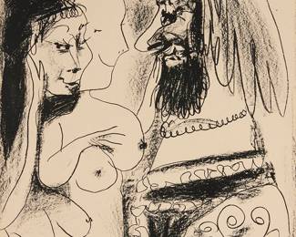1023
Pablo Picasso
1881-1973
"Le Vieux Roi," 1959
Lithograph on wove paper, watermark Mourlot
From the edition of 1000 (there was also a hand-signed and numbered edition of 200)
With the artist's red signature as well as the date "6.1.59" printed in the stone at lower right; Mourlot, Paris, prntr.
Image/Sheet: 26.375" H x 20.25" W
Estimate: $800 - $1,200
