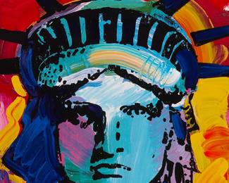 1301
Peter Max
b. 1937
"Statue of Liberty"
Offset lithograph in colors with acrylic hand-embellishments on wove paper
From the edition of unknown size and date
Signed upper right: Max
Image/Sheet: 32.75" H x 27" W
Estimate: $2,000 - $3,000