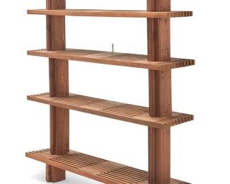 1014
Mid-20th century
A Modern slatted wood bookcase
The five-tiered shelf, each level with medial open slats
Overall: 70.5" H x 57.25" W x 13.75" D
Estimate: $400 - $600