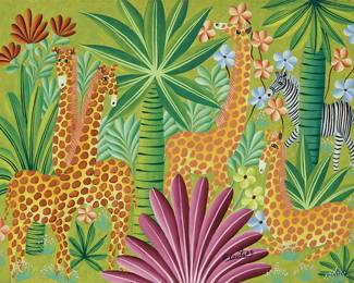 1170
Gabriel Coutard
b. 1960
Giraffes and palm trees
Oil on canvas
Signed lower center: G. Coutard
12" H x 16" W
Estimate: $500 - $700