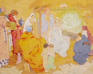 1019
Gertrude Kay
1884-1939
Nativity
Gouache and ink on paperboard
Signed with the artist's cipher in the lower right corner: Kay
Image: 12.25" H x 18.5" W; Board: 14.25" H x 20.5" W
Estimate: $1,000 - $2,000