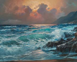 1250
Alexander Dzigurski
1911-1995
Crashing waves
Oil on canvas
Signed lower right: A. Dzigurski; with the artist's copyright ink stamp verso
33" H x 44" W
Estimate: $1,500 - $2,000