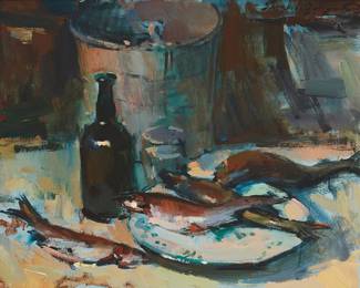 1032
Sergei Bongart
1918-1985
Still life with fish and wine bottle
Oil on canvas
Signed upper right: Sergei Bongart; signed again and indistinctly inscribed on the stretcher; numbered in ink on the verso of both the stretcher and frame, possibly in another hand: 39
24" H x 30" W
Estimate: $500 - $700