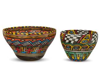 1139
Gavin Heath (b. 1961)
Two art glass bowls, early 21st century
Each with etched signature: Heath
The vibrant glass bowls, each painted with pigmented emulsified glass, depicting various banded geometric motifs
2 pieces
Larger: 7.125" H x 12.25" Dia.; Smaller: 6.75" H x 8.625" Dia.
Estimate: $300 - $500