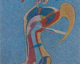 1130
Mihail Chemiakin
b. 1943
"Homa Greco," 1978
Gouache, watercolor, and ink on paper
Signed, titled, and dated lower right: M. Chemiakin / 78; signed again, dated, and inscribed "79" / "Collection John Lawrence Faessel" on a paper affixed to the backing board
Image/Sheet: 12.75" H x 9.875" W
Estimate: $500 - $700