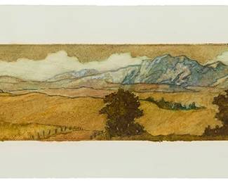 1248
Douglas Fryer
b. 1963
Landscape, 2012
Oil and mixed media on wove paper
Signed in pencil in the lower margin: Douglas Fryer; dated by repute
Image: 4" H x 23.25" W; Sheet: 7.25" H x 24" W
Estimate: $500 - $700