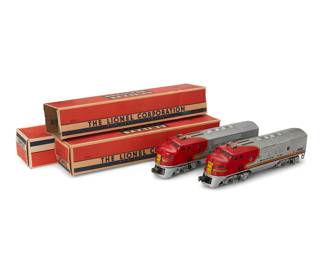 1348
Circa 1950s
A Lionel O-gauge partial train set
Each marked for Lionel Corporation with model number
Comprising two "Santa Fe Super Chief" model 2333 train engines and three passenger cars in original boxes, including a "Silver Dawn" Illuminated Observation Car model 2531, a "Silver Range" Illuminated Astra-dome Car model 2532, and a "Silver Cloud" Illuminated Pullman Car model 2533
5 pieces
Super Chief: 3.875" H x 13.5" W x 2.875" D; Each box: 3" H x 18" W x 4.25" D
Estimate: $300 - $500