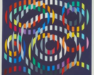 1003
Yaacov Agam
b. 1928
"Festival"
Screenprint in colors on paper
Edition: 34/37
Signed in blue pencil lower right: Agam; numbered in ink, presumably in another hand, on the frame's backing board
Image: 25.5" H x 29" W; Sight: 27.75" H x 30.625" W
Estimate: $500 - $700