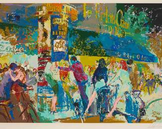 1302
LeRoy Neiman
1921-2012
"Left Bank Cafe," 1986
Screenprint in colors on wove paper
Edition: 40/375
Signed and numbered in pencil in the lower margin: LeRoy Neiman
Image: 26" H x 38" W; Sight: 28.5" H x 39.5" W
Estimate: $600 - $800