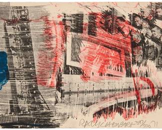 1068
Robert Rauschenberg
1925-2008
"Sub Total," from the "Stoned Moon" series, 1971
Lithograph in colors on wove paper
Edition: 397/500
Signed, dated, and numbered in pencil in the lower edge, at right: Rauschenberg '71; Gemini G.E.L, Los Angeles, CA, prntr./ pub., and with their blindstamp in the lower margin, at right; with the Gemini G.E.L. ink stamp and work number in pencil, both verso: RR69-304
Image/Sheet: 8.25" H x 12.5" W
Estimate: $1,000 - $1,500