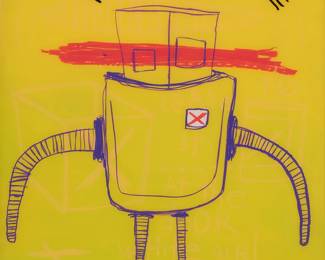 1326
Pete Doolittle
1978-2025
Untitled (Robot), circa 2012
Oil on a discarded windowpane
Signed lower right: doOLittLe
Image: 31" H x 32" W; Windowpane: 35.75" H x 36" W x 1.625" D
Estimate: $400 - $600