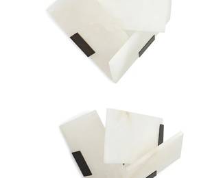 1050
After Pierre Chareau (1883-1950)
A pair of alabaster wall sconces by Maison Paname after the "Fly 3" sconces, 2020s
Each unmarked
Each single-light sconce with three alabaster panels set into an enameled metal frame, electrified
2 pieces
Each: 7.5" H x 10.25" W x 4.74" D
Estimate: $400 - $600