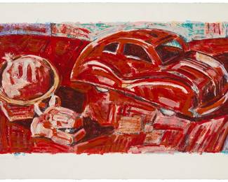 1304
Frank Edward Romero
b. 1941
"Study in Red," 1989
Screenprint in colors on wove paper
Edition: 58/90
Signed and numbered in pencil in the lower margin: FE Romero; Aztlan Graphics, Los Angeles, CA, prntr., and with their blindstamp in the lower right corner
Image: 19.5" H x 38.75" W; Sheet: 26.25" H x 42.25" W
Estimate: $600 - $800
