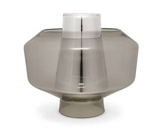 1174
Arik Levy (b. 1963)
A grey "Bubble" glass vase, 2014
Edition 5/20
Marked, numbered, and titled to inner component: Arik Levy / Signature Collection
Comprising a globular hand-blown grey glass outer vase and an inner silvered glass component, each stackable in multiple configurations, housed in original box with formed foam padding
2 pieces
Outer: 9.5" H x 12.75" Dia.; Inner: 10" H x 6.25" Dia.; Box: 15" H x 16" W x 15.25" D
Estimate: $600 - $800