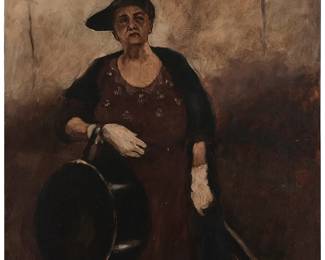 1114
Late 20th Century European School
Woman in dress and hat with a black bag, 1993
Oil on board
Signed indistinctly and dated lower right: P**** 93
20" H x 16" W
Estimate: $500 - $700