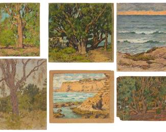1249
Howard H Koehl (1889-1967)
A group of six works featuring ocean and tree subjects
Five works with pastel on either paper or paperboard; one work with acrylic and crayon on paperboard
One signed lower right: H.H. Koehl; one initialed lower left: HK; four unsigned
Smallest sheet: 8.5" H x 6.25" W; Largest sheet: 11.5" H x 9" W
Estimate: $600 - $900
